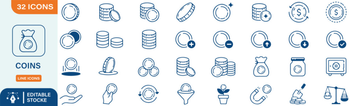 Coins Line Icons Set, Money Savings and Financial Currency Vector Elements, Wealth Banking Outline Icons Bundle