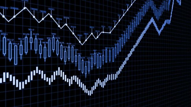 Royal blue color candlestick data analytics dashboard display infographics, finance, market, business, trading share market background