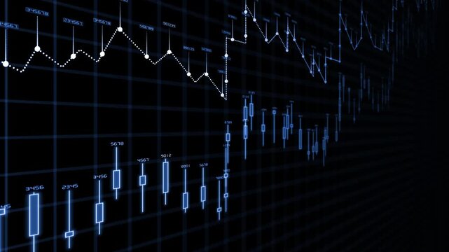 Royal blue color candlestick data analytics dashboard display infographics, finance, market, business, trading share market background