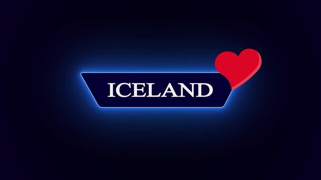 Charming Iceland text layout graphic, accompanied by a glossy red heart icon within glowing blue borders