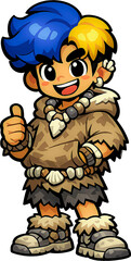 Obraz premium Cute Prehistoric Stone Age Cartoon Caveman Boy Mascot Vector Character Illustration | Editable AI Illustrator