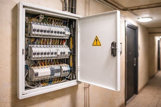 Open electrical distribution panel with circuit breakers. Power control cabinet in apartment building corridor.
