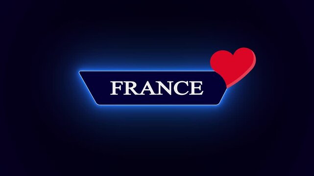 Sleek digital banner presenting France country name, decorated with a distinct red heart illustration asset