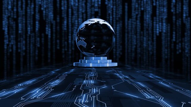 Royal blue color rotating 3d glass globe with glowing circuit board digital rain hi tech design black technology background  