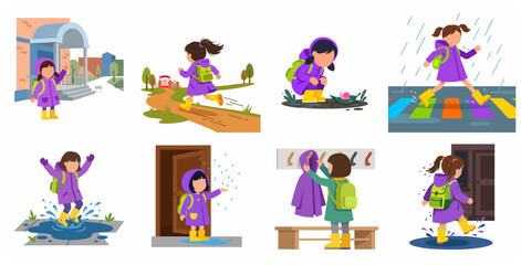 Fototapeta premium Cute little girl in purple raincoat and yellow boots playing in the rain, jumping in puddles, and going to school, flat vector illustration set