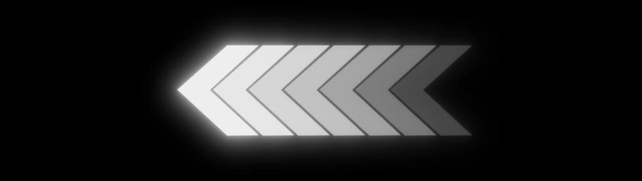 Sci-fi neon white arrow sign glowing border animation moving left forward direction flow cursor motion overlay element on black background