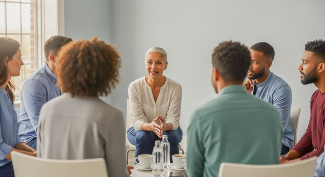 senior white-haired woman leading diverse group discussion in bright meeting room, coffee cups, water bottle, blue walls, casual professional attire