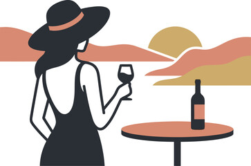 Fototapeta premium Minimalist illustration of a woman in a hat drinking wine at sunset in a peaceful landscape