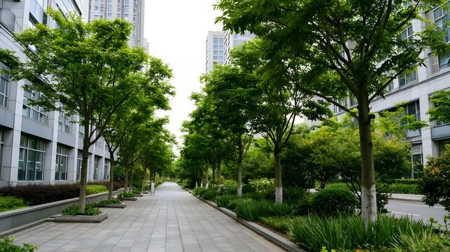 Tree lined walkway between modern office buildings with manicured greenery and paved path under soft daylight