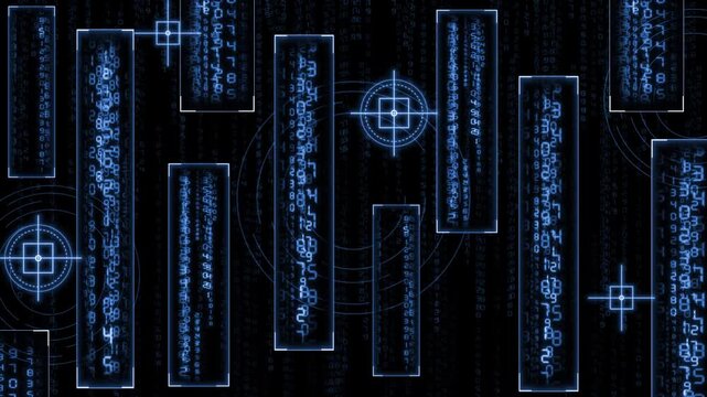 Royal blue color hi-tech digital rain with HUD elements and geometrical designs hi tech black  technology background
