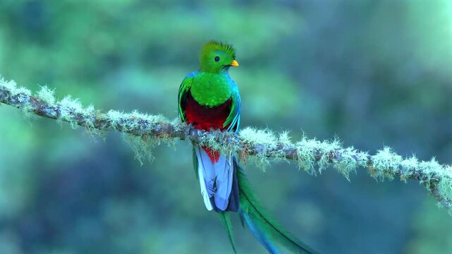 resplendent quetzal male on lichens covered branch 154