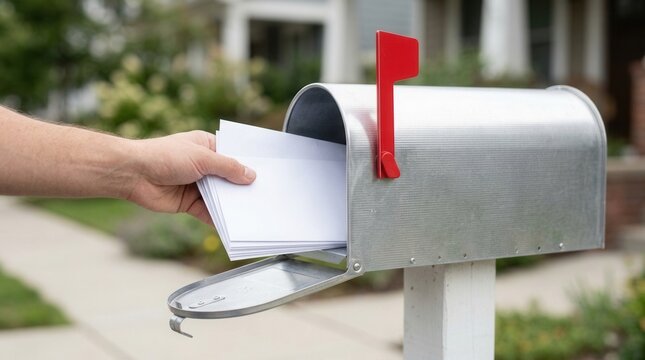 Close up of a hand inserting envelopes into an outdoor mailbox.