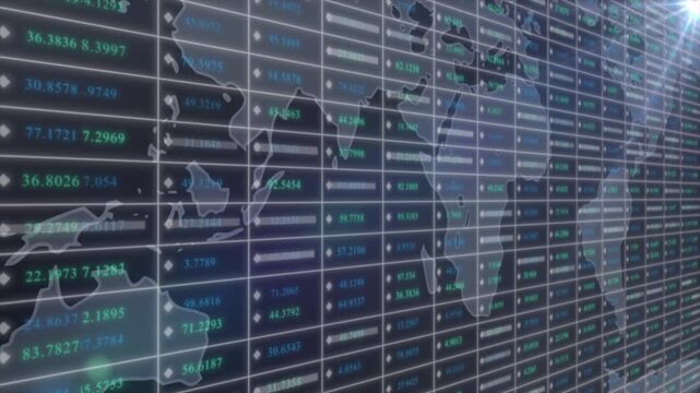 Royal blue color stock price data analytics dashboard display infographics with world map design share market background