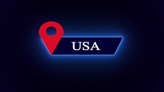 Sleek USA country title label for digital maps, enhanced by a vibrant red navigation pin and neon lights