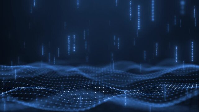 Royal blue color low poly waves with binary code big data futuristic design seamless dark technology background