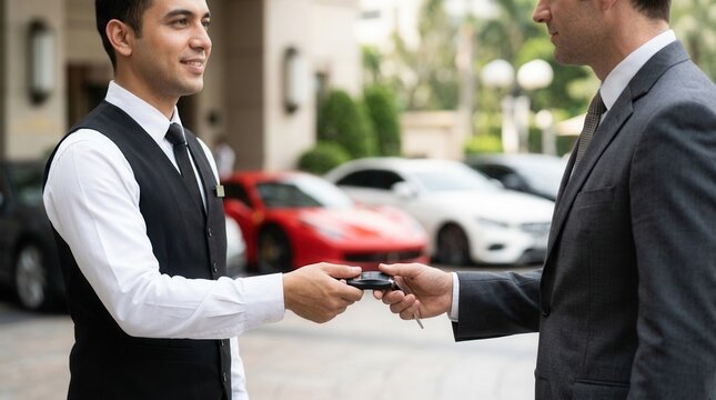 A valet in uniform giving car keys to a person in a suit.