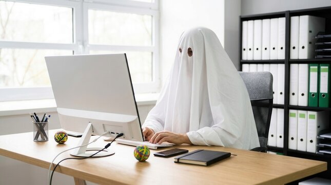 Creative ghostwriter wearing a white sheet costume sitting at a desk with a computer.