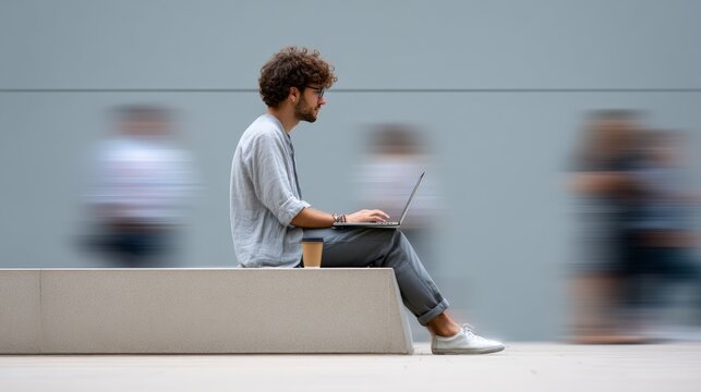 Young businessman working outdoors with his laptop while people are walking fast in the background, creating a motion blur effect, symbolizing the fast paced modern life