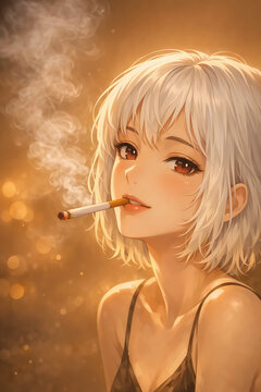 primo piano del volto di una donna dai capelli bianchi che fuma una sigaretta, close-up of the face of a woman with white hair smoking a cigarette