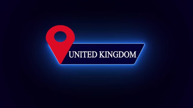 Elegant United Kingdom text layout graphic, accompanied by a red map pointer within glowing blue borders