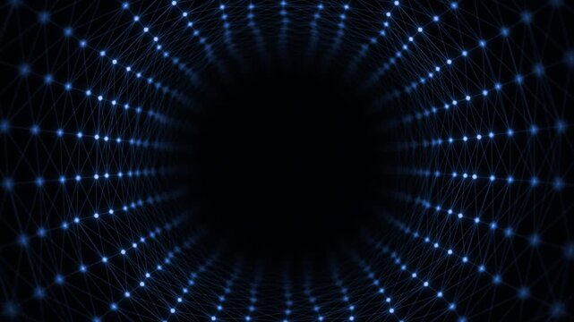 Royal blue color glowing low poly connecting dots hi tech 3d tunnel seamless design dark technology background