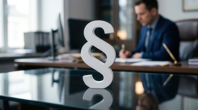 White section symbol standing on a reflective office table with a blurred professional in the background.