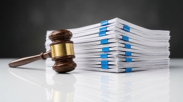 A wooden gavel sits beside thick stacks of organized judicial court files.