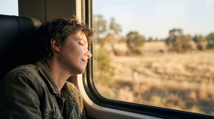 Fototapeta premium Woman traveling by train looking out window at rural landscape. Serene journey and solo travel concept. Enjoying peaceful train ride.