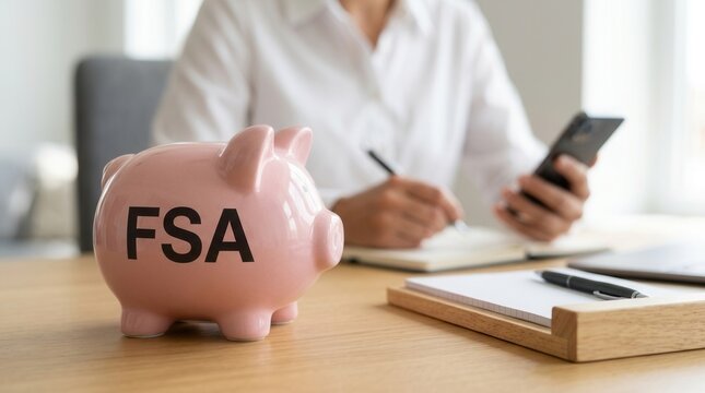 Concept of FSA Flexible Spending Account with a pink piggy bank and person managing finances via mobile phone.