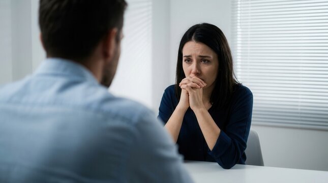 Close-up of a woman with a sad expression talking to a man in a room.