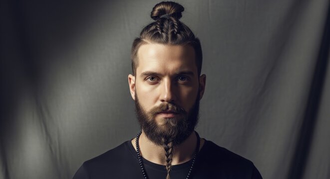 a striking studio portrait of a handsome man with a full beard styled into a braid, featuring a top knot and a braided hairstyle, looking directly at the camera against a grey backdrop