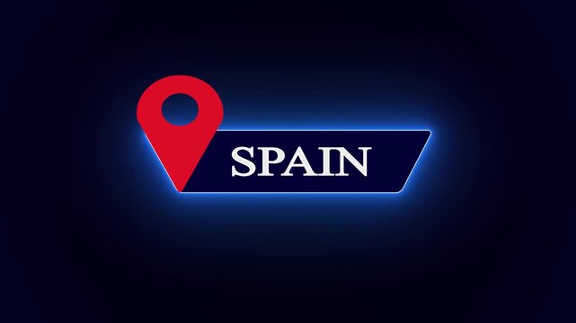 Modern digital country sign displaying Spain text, integrated with a bold red navigation pin symbol asset