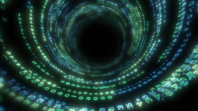 colourful  glowing binary code hi tech 3d tunnel seamless design black technology background