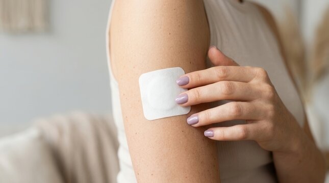 Nicotine replacement therapy NRT patch being used for smoking cessation.