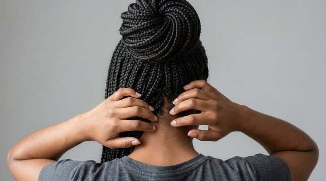 Close up of a person with long braids experiencing a dry and itchy scalp sensation.