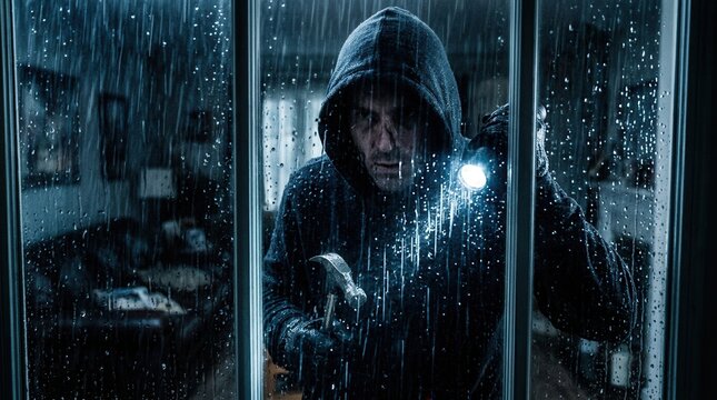 Criminal in a dark hoodie peering into a home window while holding a tool.