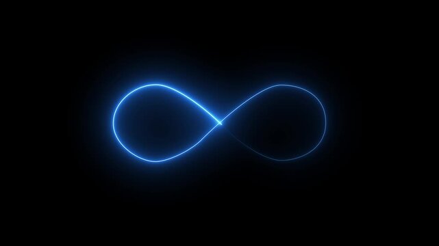 Glowing Blue Neon Infinity Symbol Seamless Loop Animation on Black Background, Eternity and Mathematical Infinity Concept