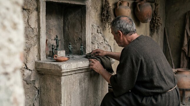 Man in ancient attire cleaning a household shrine with small statues and an oil lamp illustrating daily life and ritual.