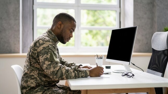 A male African veteran wearing camouflage clothing engages in personal education and writing.