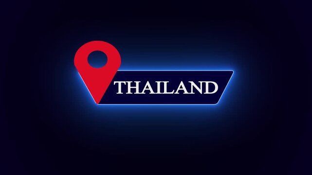 Futuristic dark interface label with Thailand text, stylized with creative neon geometry and red pin icon