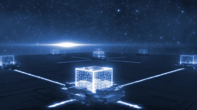 Royal blue color big data low poly with massive server racks data flow in cyberspace and glowing circuit board at dark space hi tech design black technology 3D background