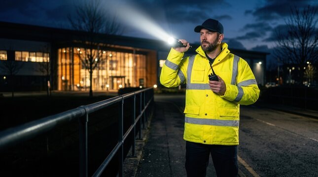 Professional security guard patrolling a building exterior using a flashlight during night shift.