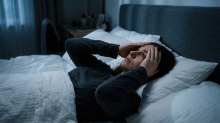 Obraz premium Depressed young woman lying on white pillows in a dimly lit bedroom.