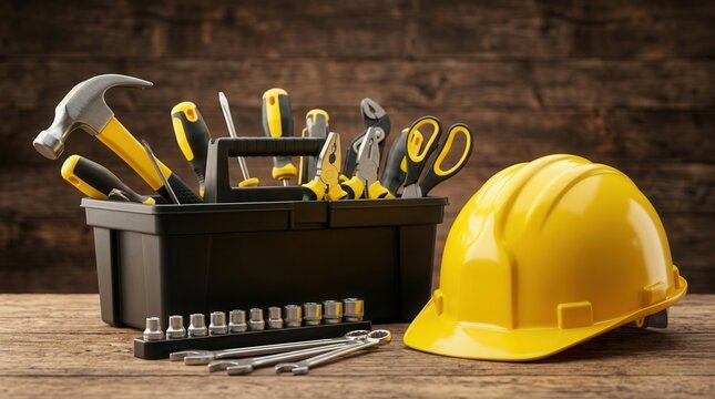 Professional construction tools and a safety helmet in a black tool box on a wooden surface.