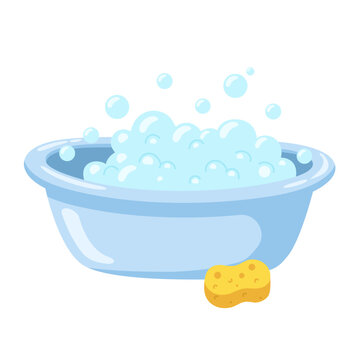 Cute blue baby bath basin with soap foam and yellow sponge vector illustration. Blue tub fills with bubbles