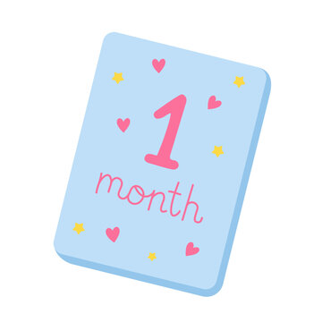 Cute blue baby milestone card for one month with hearts and stars vector illustration