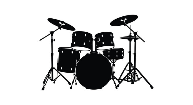 Complete drum set arrangement in a stark black silhouette drums drumkit