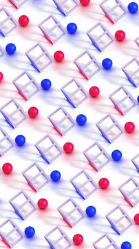 Minimalistic motion design with transforming metal frames and colored spheres. Seamless looping. 3d animation. 4k.