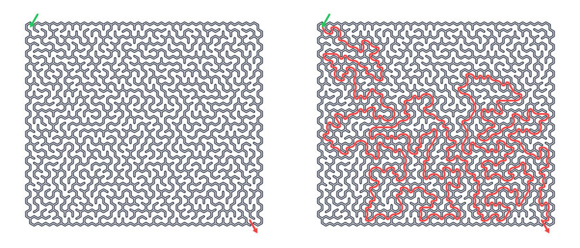 Complex hexagonal maze design in 30x30 grid with solution path, black lines with red route, green start point, intricate geometric pattern, white background