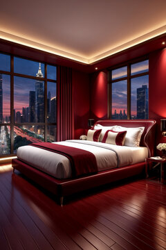 Modern Cozy Interior Bedroom Apartment room red color, Comfortable House Design AI Generative
